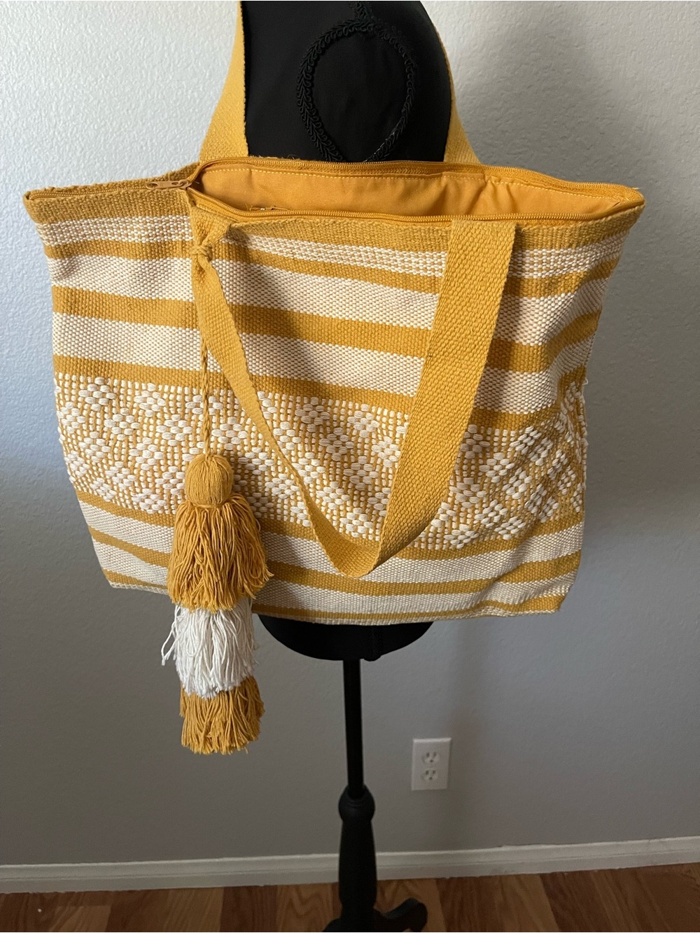 Source Unknown Yellow and White Striped Tassel Tote